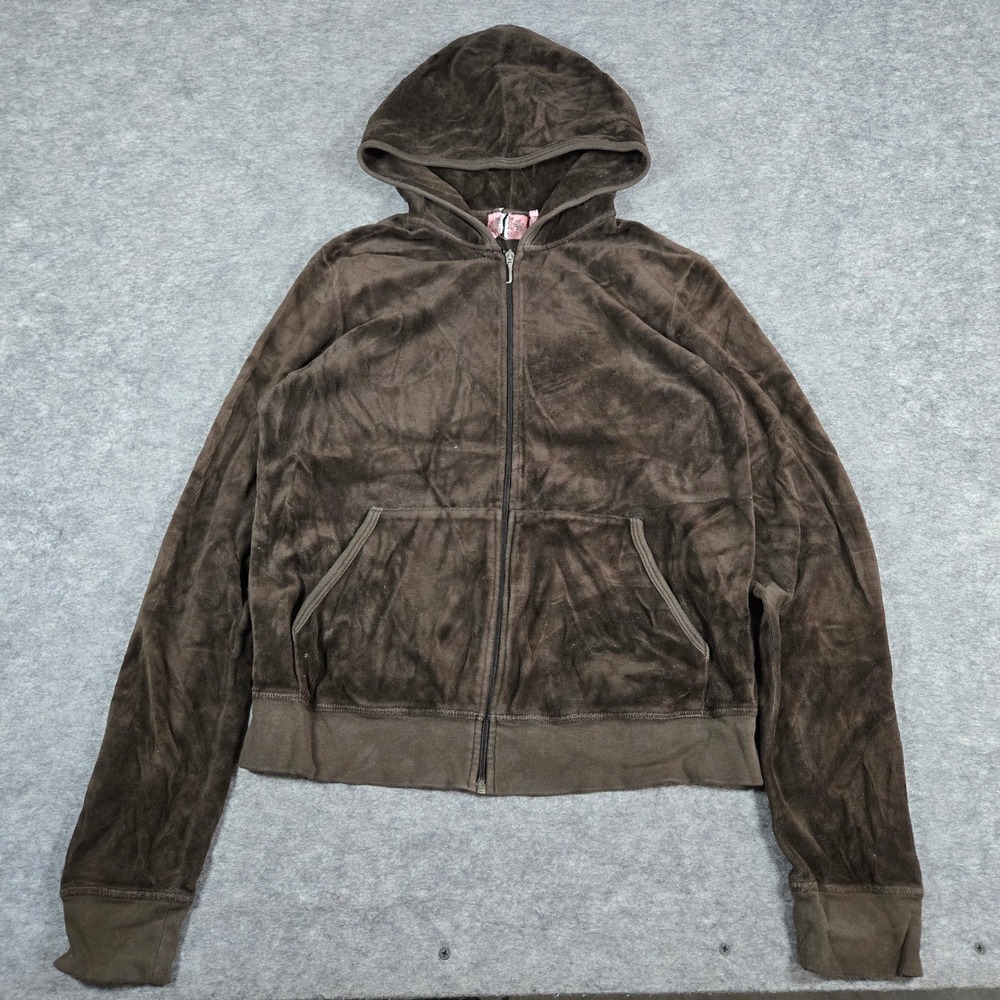 Y2K Juicy Couture Womens Brown Velour Zip Up Hoodie XL